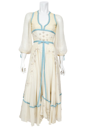 1975 Thea Porter Couture Ivory Silk Embroidered Floral Billow-Sleeve 'Gypsy' Dress