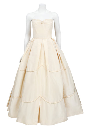 1950's Rosalie Macrini Couture Cream Silk Strapless Bridal Wedding Gown