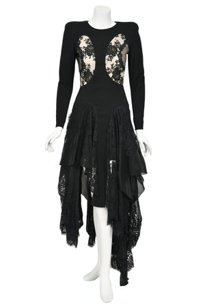 2010 Alexander McQueen Lifetime Black Crepe & Sheer Illusion Lace High-Low Gown