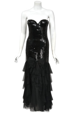 1978 Loris Azzaro Couture Black Sequin Strapless Tiered-Ruffle Gown & Sheer Capelet