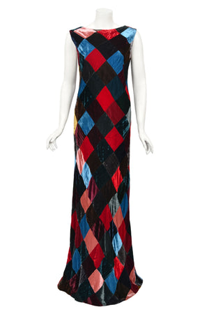 1994 Dolce & Gabbana Editorial Runway Multicolored Patchwork Velvet Gown