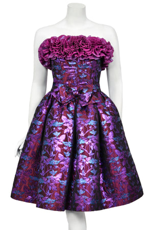 1989 Nina Ricci Haute Couture Metallic Fuchsia Silk Brocade Strapless Skirted Dress