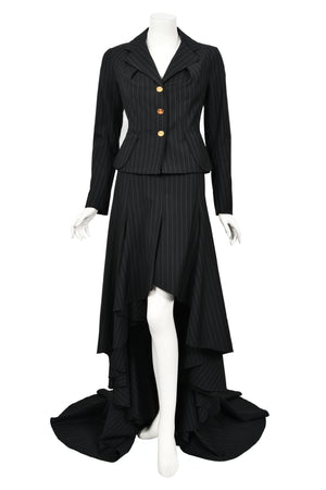 1994 Vivienne Westwood Pinstripe Wool Jacket & High-Low Trained Skirt Ensemble