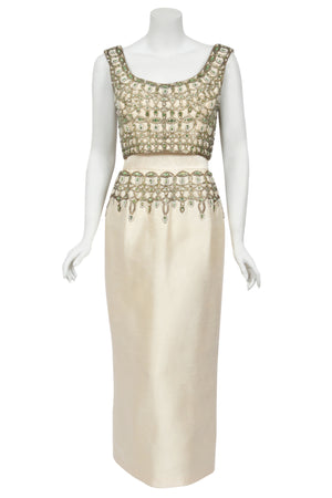 1960's British Crown Colony Beaded Rhinestone Ivory Silk Crop Top Column Gown