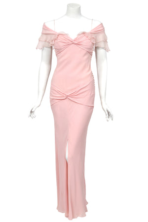2004 Christian Dior by John Galliano Light Pink Silk Draped Shawl High Slit Bias-Cut Gown