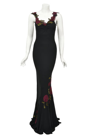 2001 John Galliano Red Chrysanthemum Floral Appliqué Black Silk Chiffon Bias-Cut Gown