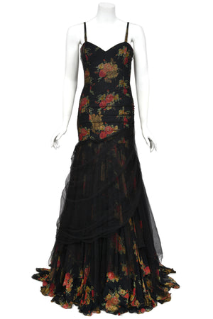 2010 Ralph Lauren Runway Metallic Floral Silk & Black Sheer Tulle Hourglass Mermaid Gown