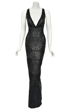 2002 Roberto Cavalli Black Leather Appliqué Sheer Mesh Low-Cut Hourglass Gown
