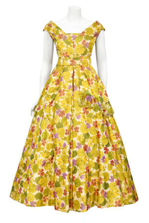 1950's Lanvin Castillo Haute Couture Watercolor Floral Silk Print Full-Skirt Gown