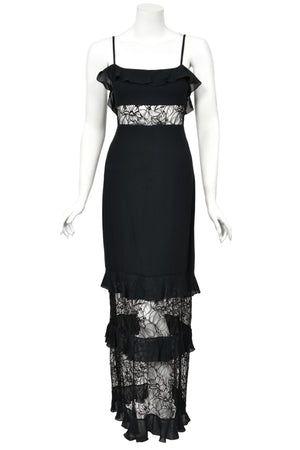 1994 Chanel by Karl Lagerfeld Cruise Collection Sheer Black Lace Ruffle-Trim Lingerie Gown