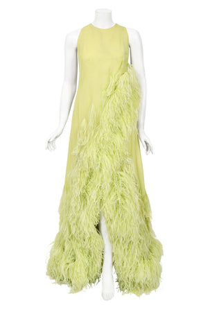 1968 Christian Dior Haute Couture Maria Felix Owned Chartreuse Silk Feather Gown