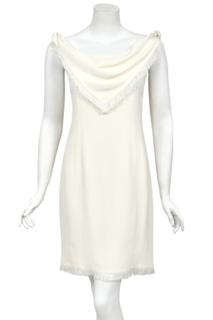 1998 Christian Dior by John Galliano Resort Collection Ivory White Crepe Fringed-Bib Dress