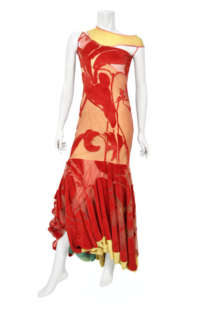1991 John Galliano Documented Runway Red Flocked Velvet Asymmetric Bias-Cut Gown