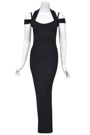 1992 Azzedine Alaia Black Stretch Knit Cold-Shoulder Halter Bodycon Maxi Dress