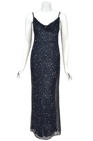1998 Moschino Runway Navy Blue Sheer Silk Chiffon Star Motif Rhinestone Maxi Slip Dress