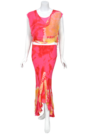 2003 Christian Dior by John Galliano Tie-Dye Pink Yellow Print Silk Cropped Blouse & Bias-Cut Skirt