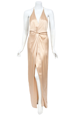 2011 Gucci Resort Collection Champagne Silk Draped Low-Plunge High Slit Maxi Slip Dress