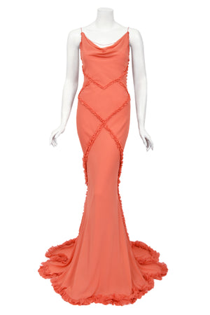 2008 John Galliano Coral Pink Silk Bias-Cut Scalloped Train Backless Gown