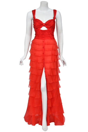 2005 Valentino Runway Iconic Red Ruched Silk Cut-Out Tiered Ruffle Gown