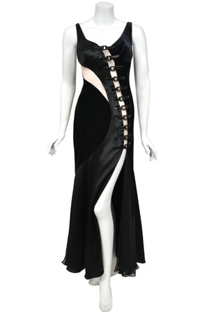 2004 Versace Runway Black Silk & Velvet Sheer-Illusion Buckle Trimmed High Slit Gown