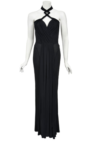 1998 Thierry Mugler Runway Black Silk-Jersey & Velvet Bustier Cut-Out Halter Gown