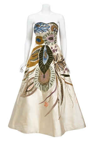 1950's Emilio Schuberth Italian Couture 'Under The Sea' Motif Satin Gown