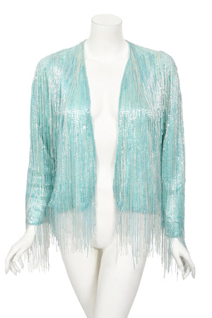 1970's Halston Couture Ice Blue Beaded Silk Fringe Disco Cardigan Jacket