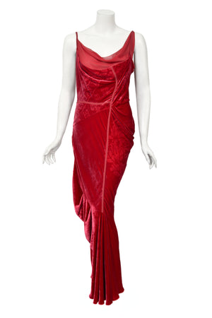 2006 Christian Dior by Galliano Ruby Red Velvet Asymmetric Draped Bias-Cut Gown