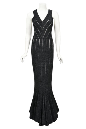 2012 Azzedine Alaia Black Metallic Knit Bodycon Sheer Cutwork Fishtail Gown