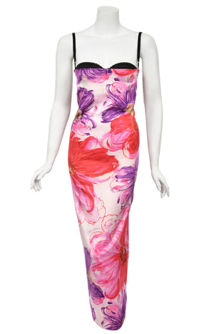 2001 Dolce & Gabbana Floral Stretch Silk Built-In Bra Hourglass Slip Dress