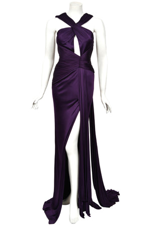 2013 Versace Runway Royal Purple Stretch Jersey Cut-Out High Slit Hourglass Gown