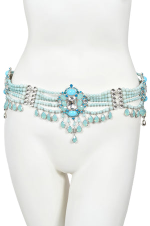 2008 Christian Dior by John Galliano Runway Turquoise Crystal Cabochons Beaded Statement Belt