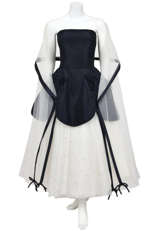 1950’s Edith Small Navy Silk & Rhinestone White Tulle Strapless 'Petal' Dress w/ Shawl