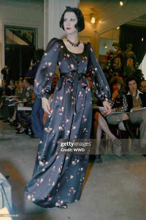 1974 Yves Saint Laurent Rive Gauche Brown Floral Print Satin Maxi Dress