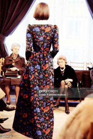 1972 Yves Saint Laurent Haute Couture Documented Floral Silk Collar Cuff Gown