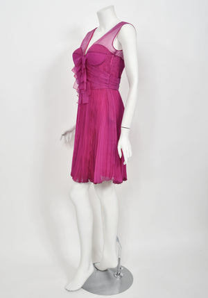 2010 Christian Dior by John Galliano Fuchsia Pink Pleated Sheer Silk Lingerie Dress
