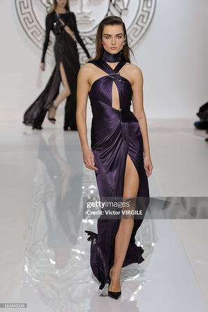 2013 Versace Runway Royal Purple Stretch Jersey Cut-Out High Slit Hourglass Gown