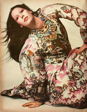 1971 Thea Porter Couture Green Art Nouveau Motif Silk Billow-Sleeve Maxi Dress