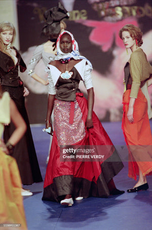 1999 Vivienne Westwood 'La Belle Helene' Collection Silk Off-Shoulder Corset Blouse & Full-Length Skirt Set