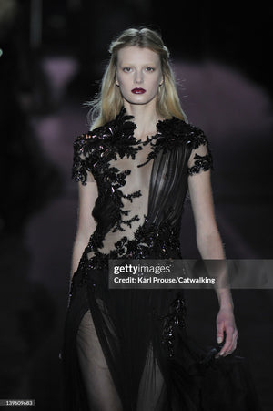 2012 Gucci Runway Editorial Heavily Embellished Sequin Sheer Black Pleated Tulle Gown