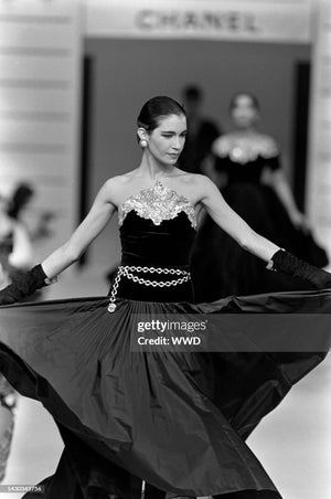 1985 Chanel Documented Runway Metallic Beaded Gold Lamé & Black Silk Strapless Gown