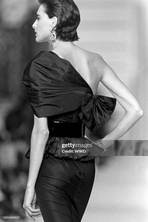 1986 Chanel Documented Runway Black Pleated Silk One-Shoulder Hourglass Gown