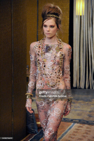 Iconic 2011 Chanel Runway Vogue Rihanna Editorial Sheer Metallic Lace Gown