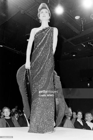 1984 Bob Mackie Couture Ivory Beaded Silk One-Shoulder Goddess Gown