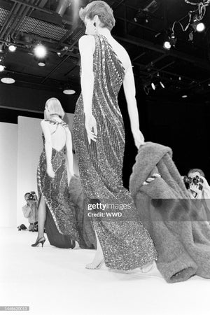 1984 Bob Mackie Couture Ivory Beaded Silk One-Shoulder Goddess Gown