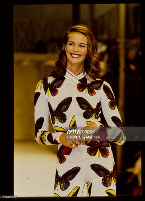1991 Azzedine Alaïa Iconic Runway Butterfly Print Ivory Stretch Knit Bodycon Catsuit