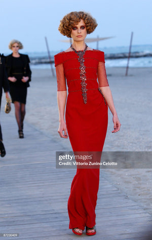 2010 Chanel by Karl Lagerfeld 'Coco on the Lido' Ruby Red Silk-Wool Hourglass Gown