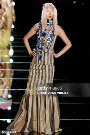 2002 Christian Dior by John Galliano Striped Stretch Knit Low-Plunge Gown