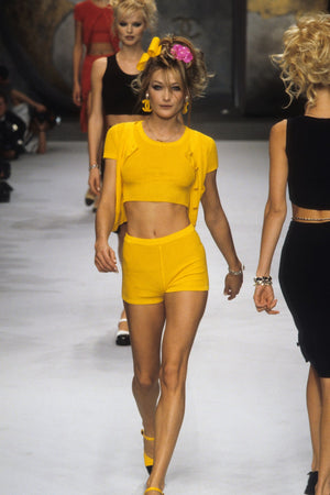1996 Chanel by Karl Lagerfeld Runway Yellow Knit Cropped Sweater Set