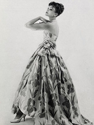 1950's Lanvin Castillo Haute Couture Watercolor Floral Silk Print Full-Skirt Gown